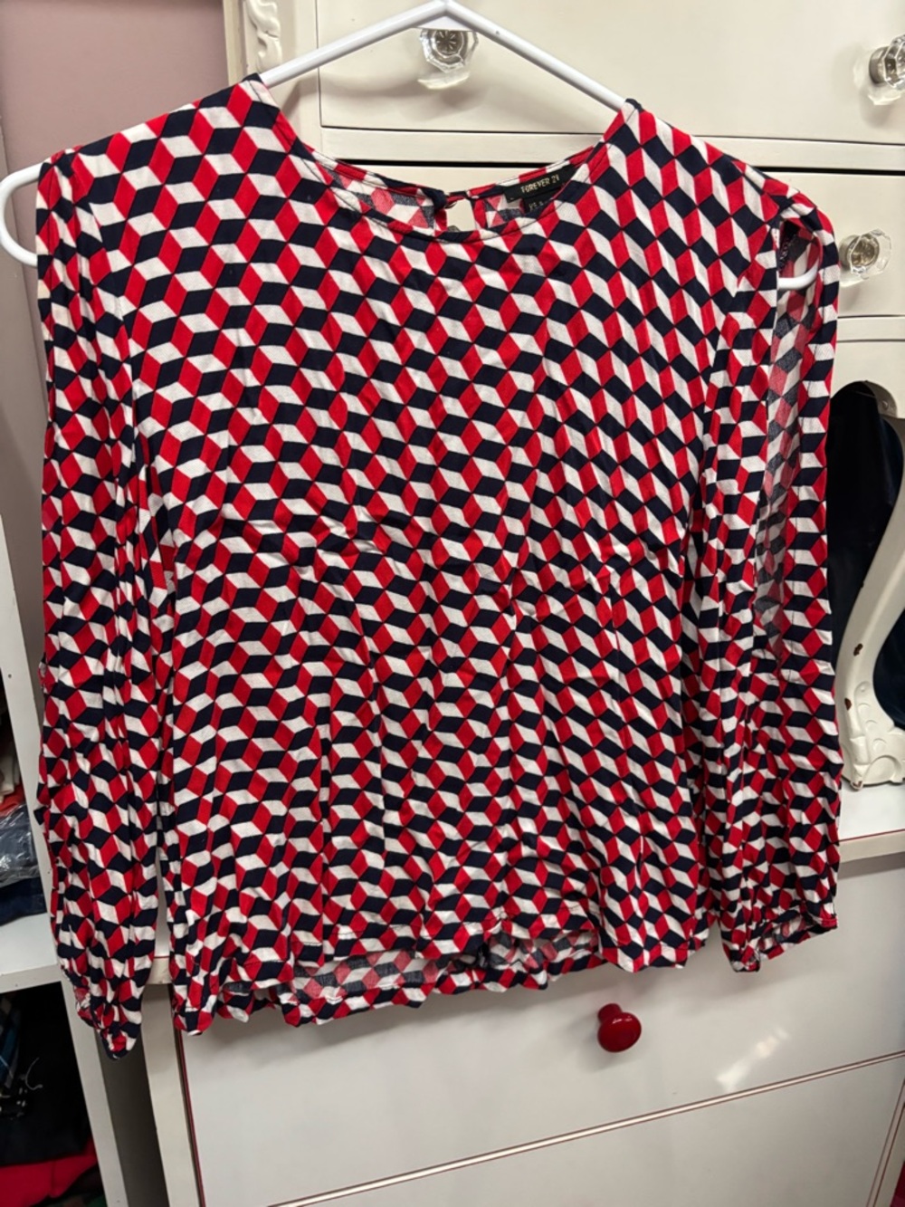 Forever 21 Red, Black & White Geometric Long-Sleeve Top